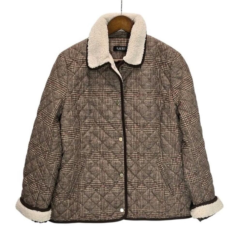Lauren Ralph Lauren Quilted Jacket Brown Plaid Glen Check Sherpa PM Medium